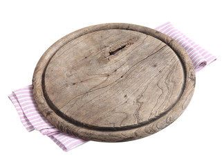 Empty wooden tray and napkin isolated on white background