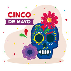 cinco de mayo poster with skull and flowers decoration vector illustration design