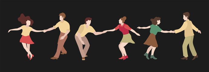 The guy and the girl are dancing swing. Set of three couple dancing swing, rock or lindy hop. Retro illustration in flat style hand drawn. Clip art people dancing isolated on a dark background