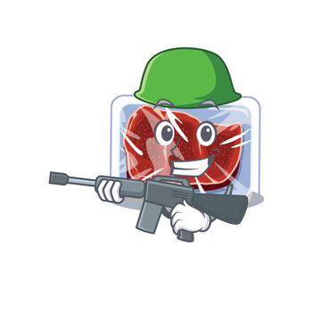 A cartoon picture of frozen beef in Army style with machine gun