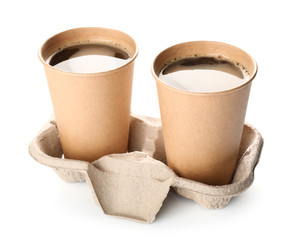 Takeaway coffee cups on white background