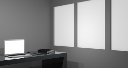 Workspace at home with a minimalist modern setup. Work from home to protect the covid-19 virus. Background 3d rendering