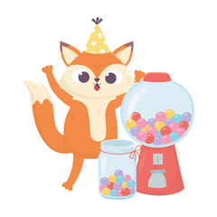 happy day, little fox with jar full of sweet candies