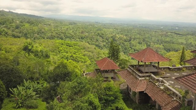 Aerial drone video of abandoned hotel in Bedugul, Bali island.