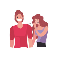 Woman and man with mask and coughing flat style icon vector design