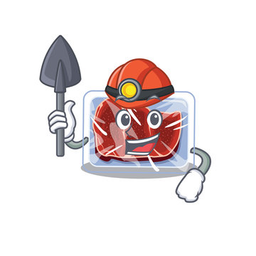 Frozen beef miner cartoon design concept with tool and helmet