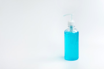 Hand sanitizer gel for cleaning, clear and prevent spread of virus, bacteria and germs isolated on white background. COVID-19 Pandemic Coronavirus prevention and personal hygiene concept.