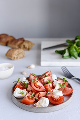 Italian Caprese salad with sliced tomatoes, mozzarella cheese, basil, olive oil in a plate on grey concrete table. Selective focus