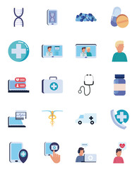 Health online and medical care flat style icon set vector design