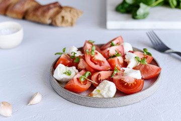 Italian Caprese salad with sliced tomatoes, mozzarella cheese, basil, olive oil in a plate on grey concrete table. Selective focus
