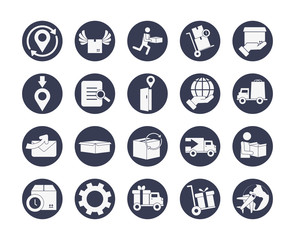 location pins and fast delivery icon set, block style
