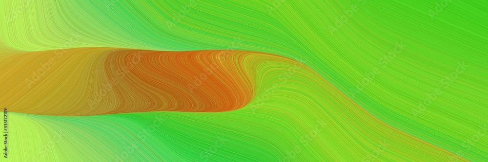Poster abstract dynamic curved lines artistic designed horizontal banner with moderate green, golden rod and yellow green colors. elegant curved lines with fluid flowing waves and curves