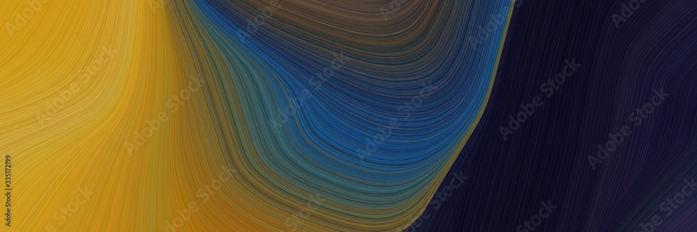 Poster abstract dynamic curved lines dynamic horizontal header with dark golden rod, very dark blue and dark olive green colors. elegant curved lines with fluid flowing waves and curves