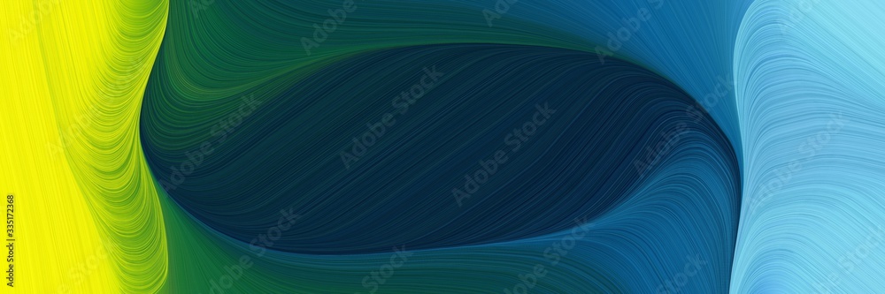Poster abstract dynamic curved lines surreal horizontal header with very dark blue, gold and medium turquoi