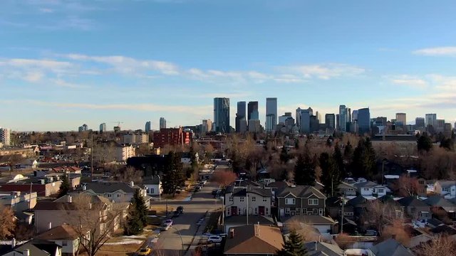 Aerial footage of Calgary, Alberta in Canada. Drone footage of Calgary's down town from the north facing south.