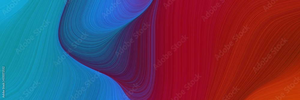 Poster abstract dynamic curved lines surreal banner with strong blue, firebrick and teal blue colors. elegant curved lines with fluid flowing waves and curves