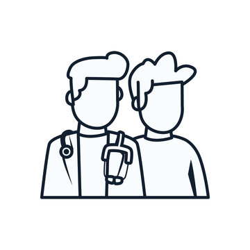 Man doctor with stethoscope and pacient line style icon vector design