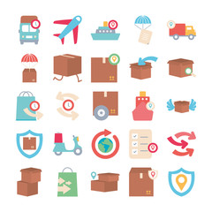 airplane and delivery icon set, flat style