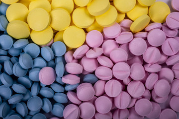 pills background. Drugs, painkillers, colds other medicines macro closeup