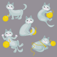 Set of vector illustrations with a playing gray cat: lying, sitting, sleeping. pet character, stickers