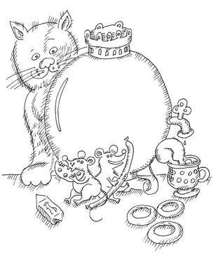 Graphic, drawing, hand drawn, black and white, funny plot, mice drink tea, the cat watch them, the mice did not notice the cat, lunch theme