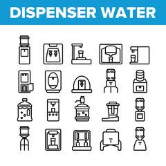 Dispenser Water Tool Collection Icons Set Vector. Dispenser Water Electronic Equipment And With Manual Pump, Cooling And Heating Device Concept Linear Pictograms. Monochrome Contour Illustrations
