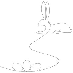 Easter animal bunny rabbit with eggs line drawing. Vector illustration