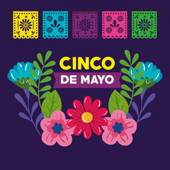 cinco de mayo poster with flowers decoration vector illustration design
