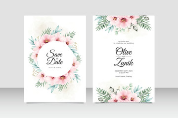 Wedding Invitation template with beautiful flowers and leaves watercolor