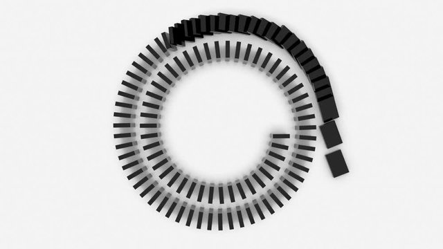 The camera observes from above how black empty domino bones fall in a spiral on a white background.