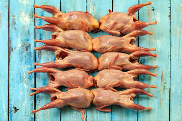 Naklejka premium Fresh quail carcasses before cooking on blue wooden background