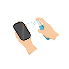 Wiping the smartphone screen clean with an alcohol-based cloth to prevent infection of the covid-19 virus. Flat design vector.