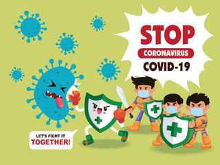 Vector cartoon hero character fighting with virus. COVID-19 Novel Coronavirus illustation.