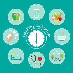 Healthy lifestyle flat icon collection set isolated on green background. Vector Illustration.