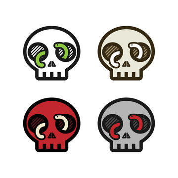 Human skull with worm or snake coming out of the eye holes simple icon logo set. Horror creepy death poison warning danger symbol. October, Halloween, Oktoberfest.
