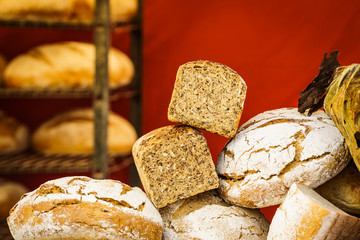 Many rustic fresh bread loaves