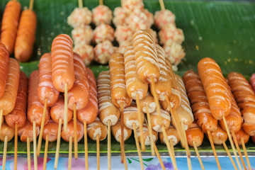 Meat ball sausage and crab kani famous and poppular street food