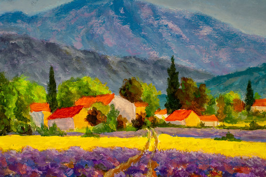 France. Provence landscape. Panorama rural countryside in spring or summer. Lavender field, mountains and houses. Oil painting modern illustration