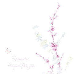 Oriental style painting, plum blossom in spring with hills background, can be used for  floral poster, invite. Decorative greeting card or invitation design background