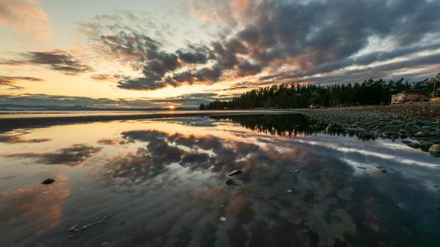 Amazing beautiful sunrise reflection time lapse with dramatic clouds moving across sky