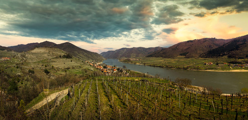 Spring time in Wachau valley. View to Spitz village and Danube river from Hinterhaus castle. Lower Austria.