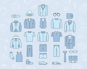 Fashion Icons set - Vector color symbols and outline of men's clothing for the site or interface