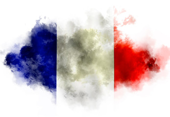 French flag performed from color smoke on the white background. Abstract symbol.