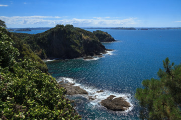 Fototapeta na wymiar The rocky coastline of Motuarohia Island in the Bay of Islands, New Zealand