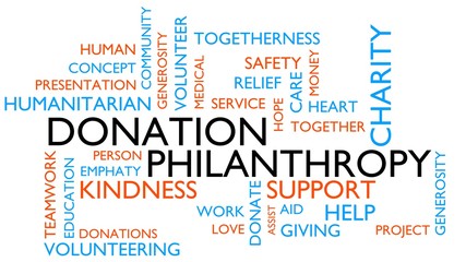 Philanthropy, donation word tag cloud. 3D rendering, white variant