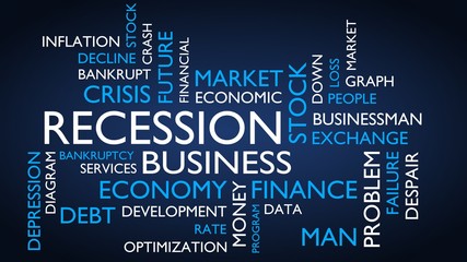 Recession, business word tag cloud. 3D rendering, blue variant