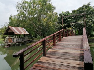 Fototapeta na wymiar Wooden bridge by the water 