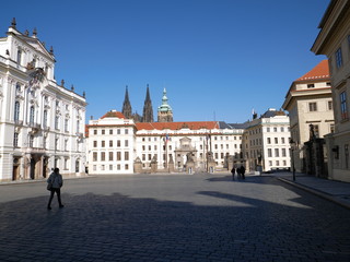 Naklejka premium Emptiness on Hradcany Square in Prague due to coronavirus