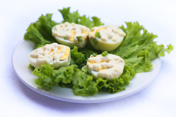 Boiled Chicken Eggs with Mayonnaise, dishes of Russian national cuisine