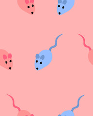 Pink and blue mice. Seamless pattern. Design for gift, greeting card, clothes and flyer. Pet shop, shelter and veterinary clinic.